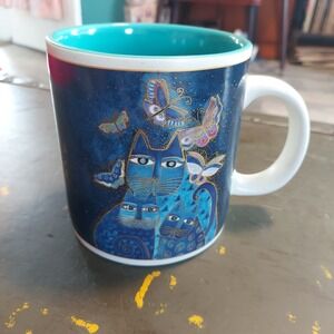 Laurel Burch Blue Cats Butterflies Coffee Mug 2004 Wine Things Unlimited Gold 4"